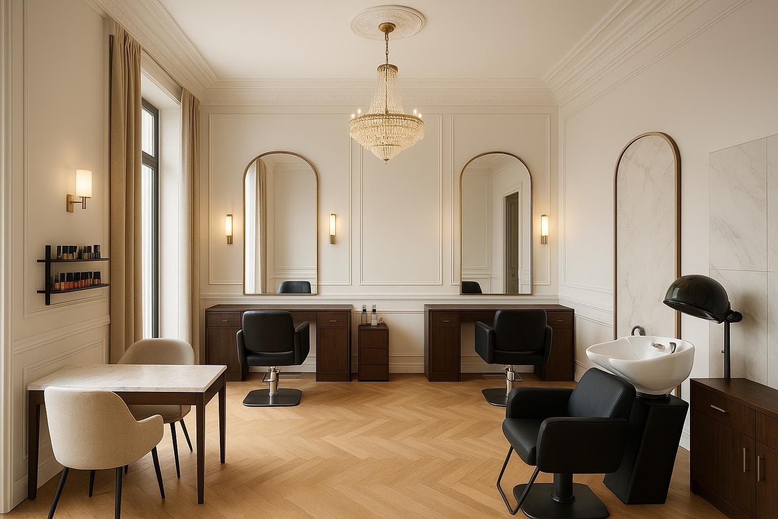Jasny salon usługowy z dwoma stanowiskami i strefą mycia